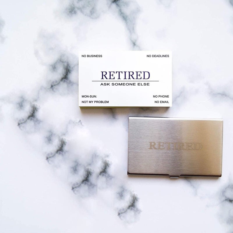 RXBC2011 Retirement card Retired Business Cards Funny Retirement Gift (Pack of 50/With Stainless Steel Case) For Retired Men Women Coworkers Employees Boss Friend Colleague - Image 3